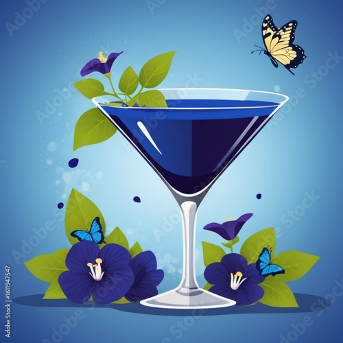 A deep blue martini garnished with butterfly pea flower petals, symbolizing the transformative beauty of spring,
