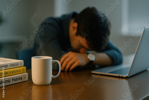 Tired man sleeping at desk with coffee mug, laptop, and productivity books, illustrating burnout and dependence in modern coffee culture.
