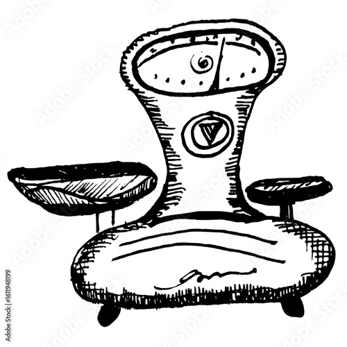 Bilancia vintage, disegno retrò a mano libera, illustrazione nera isolata