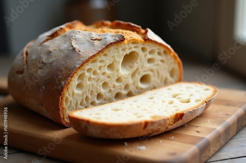 Appetizing Homemade Brown Bread Loaf Slices on Wooden Board ai generated