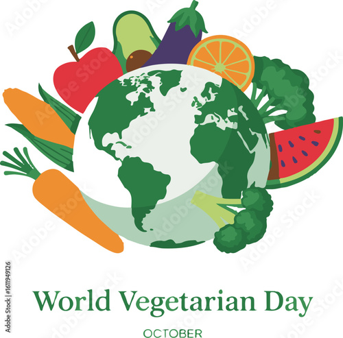 World Vegetarian Day Celebration Globe Surrounded by Colorful Fresh Vegetables and Fruits Promoting Healthy Eating and Sustainable Lifestyle