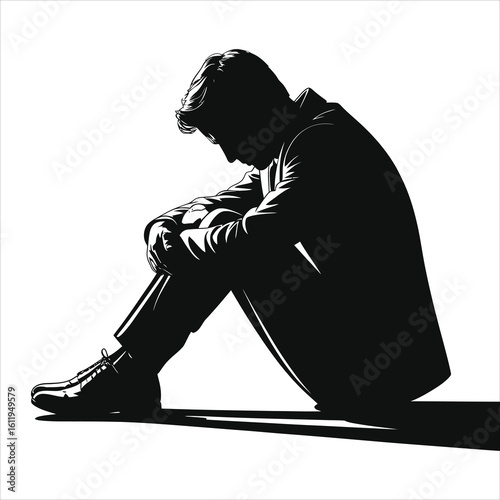  Despondent Man Silhouette: A Vector Depicting Sadness, Grief, and Solitude in a Seated Pose