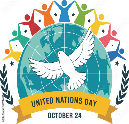 United Nations Day Globe with Symbolic Figures and a Dove Signifying Peace Celebrated on October 24th