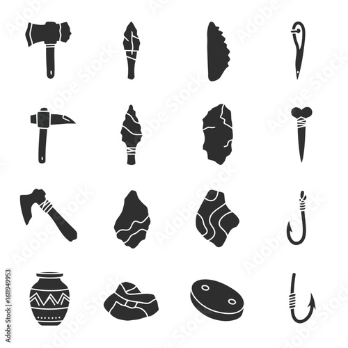 A collection of icons representing ancient tools, weapons, and artifacts