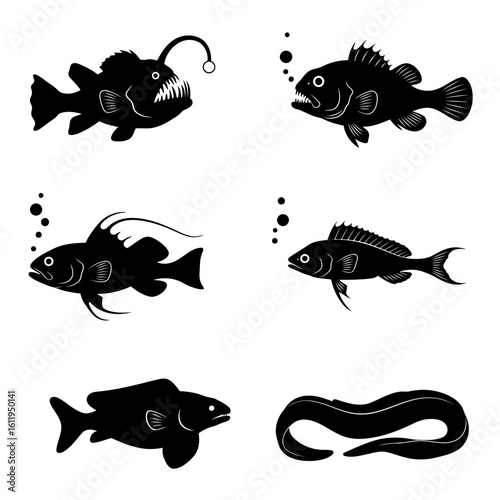 A collection of diverse deepsea fish silhouettes, including an anglerfish and an eel