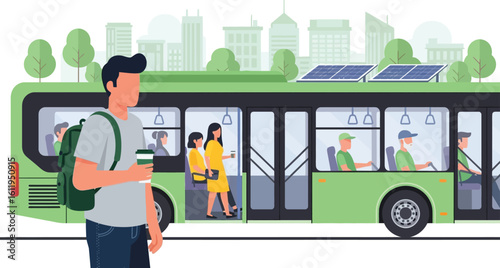 Modern illustration shows a bus powered by solar panels in an eco city