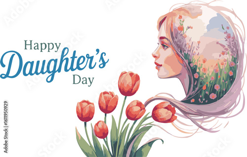 Watercolor Daughter's Day Card with Floral Haired Woman and Red Tulips, a Celebration of Femininity and Family