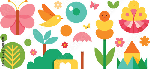 Vector art of a cheerful and colorful collection of cute cartoon characters and nature elements for children isolated on transparent background.