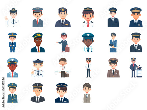Male flight attendant flat design illustration set