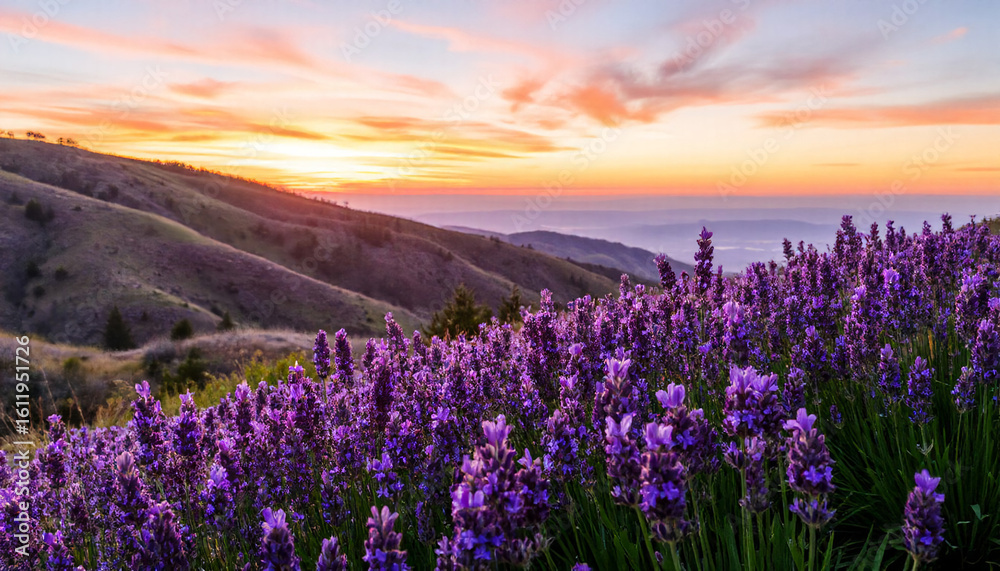 Obraz premium Lavender flowers blooming in sunset on hillsides with clouds 