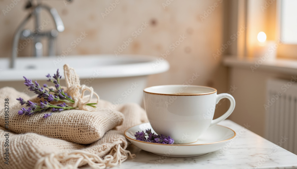 Fototapeta premium Cozy cup of tea with lavender on marble countertop by bathtub 