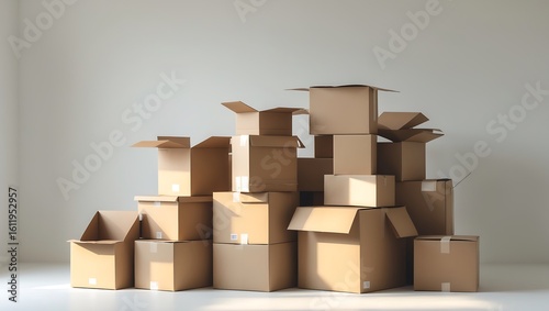A large pile of stacked cardboard moving boxes in an empty room with light filtering through