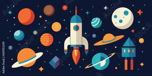 Vector art of a whimsical collection of colorful planets, rockets, and celestial bodies floating in outer space.