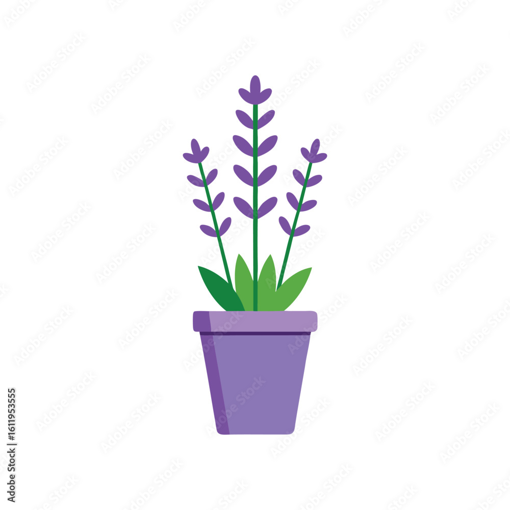 Obraz premium Lavender Plant in a Purple Pot Simple Vector Illustration on White on white background