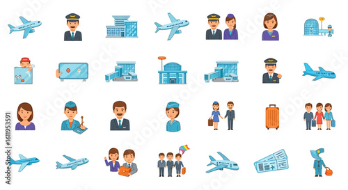 Vector Icons Set of Collection of colorful cartoon icons for air travel aviation and airport services featuring pilots planes and passengers. EPS Editable