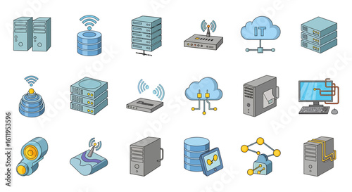 Vector Icons Set of Collection of colorful cartoon IT icons in isometric view Set of technology symbols including servers routers cloud computing and network hardware illustrations. EPS Editable