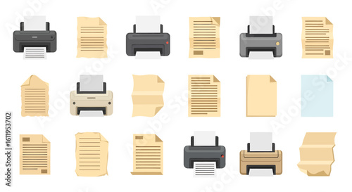Vector Icons Set of Collection of flat vector icons showing office printers and various paper document sheets. EPS Editable