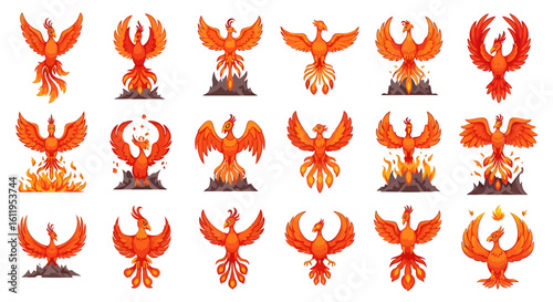 Vector Icons Set of Collection of Stylized Fiery Phoenix Illustrations Mythical Birds with Red and Orange Plumage in Various Poses. EPS Editable