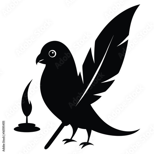 A stylized black bird with a quill pen for a tail stands beside a lit candle symbolizing creativity and inspiration