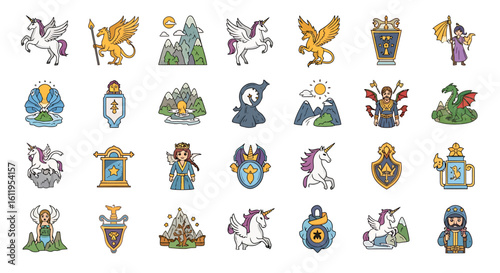 Vector Icons Set of Colorful cartoon fantasy icon set featuring unicorns griffins dragons and medieval characters. EPS Editable