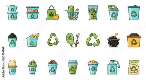 Vector Icons Set of Colorful cartoon icon set for recycling waste management and composting featuring bins containers and food scraps. EPS Editable
