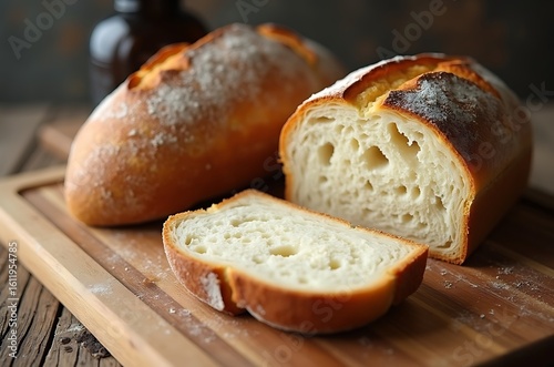 Appetizing Baked Loaf Bread Slice on Wooden Board ai generated