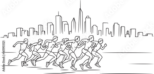 Dynamic Line Art Depicting Marathon Runners in a Cityscape Silhouette Ready to Compete with Speed and Determination in a Race