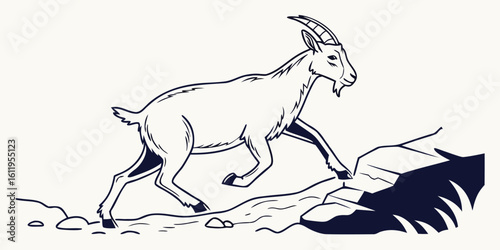 Dynamic line art illustration of a powerful goat in mid stride energetically running across a rugged rocky mountainous terrain capturing its wild spirit and agility