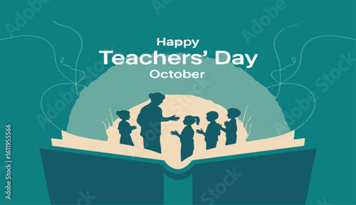Celebrating Teachers' Day with Knowledge A Book Illustration of Teacher and Students in Teal and White Colors