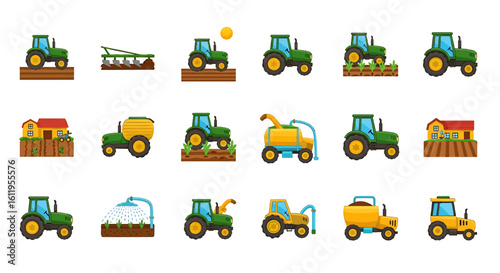 Vector Icons Set of Colorful cartoon icon set of agricultural machinery and farming processes. EPS Editable