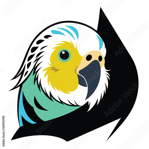 Vibrant stylized budgerigar parrot head with blue and teal feathers and yellow face on a black background