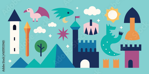 Vector art of a whimsical fantasy landscape with colorful castles, a mythical creature, and magical elements.