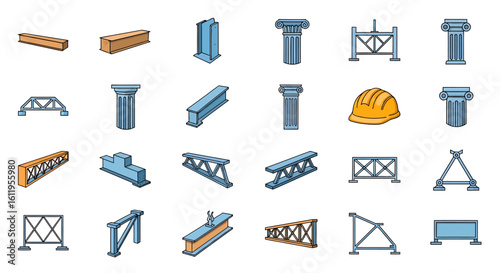Vector Icons Set of Colorful cartoon icon set of construction and architectural elements including steel beams trusses columns and a hard hat. EPS Editable