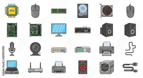 Vector Icons Set of Colorful cartoon icon set of computer hardware components and peripherals like CPU RAM monitor and keyboard. EPS Editable