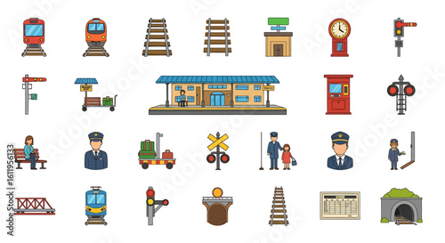 Vector Icons Set of Colorful cartoon icon set of railway transportation elements including trains station tracks signals and staff. EPS Editable