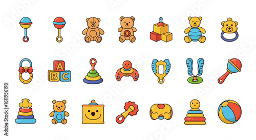 Vector Icons Set of Colorful cartoon icon set of various baby toys including rattles teddy bears blocks and stacking rings. EPS Editable