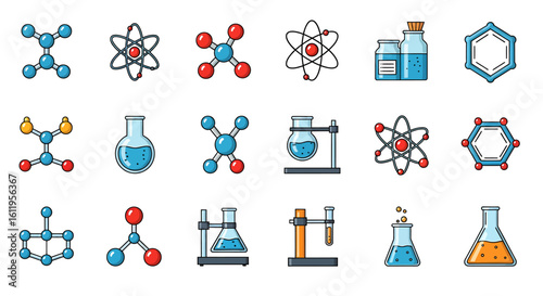 Vector Icons Set of Colorful cartoon science icon set featuring atoms molecular structures and laboratory glassware. EPS Editable