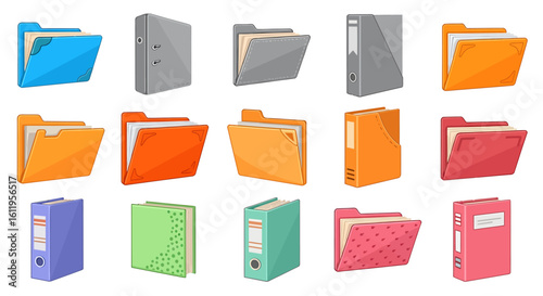Vector Icons Set of Colorful cartoon set of office folders ring binders and document cases for data storage and organization. EPS Editable