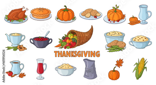 Vector Icons Set of Colorful cartoon set of traditional Thanksgiving holiday food and symbols like turkey pie and cornucopia. EPS Editable