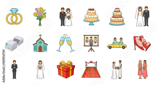 Vector Icons Set of Colorful cartoon wedding icon set featuring bride groom rings cake and celebration elements. EPS Editable