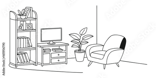 Minimalist continuous line art illustration of a modern home office interior featuring a desk chair computer and plants conveying a sense of productivity and contemporary living