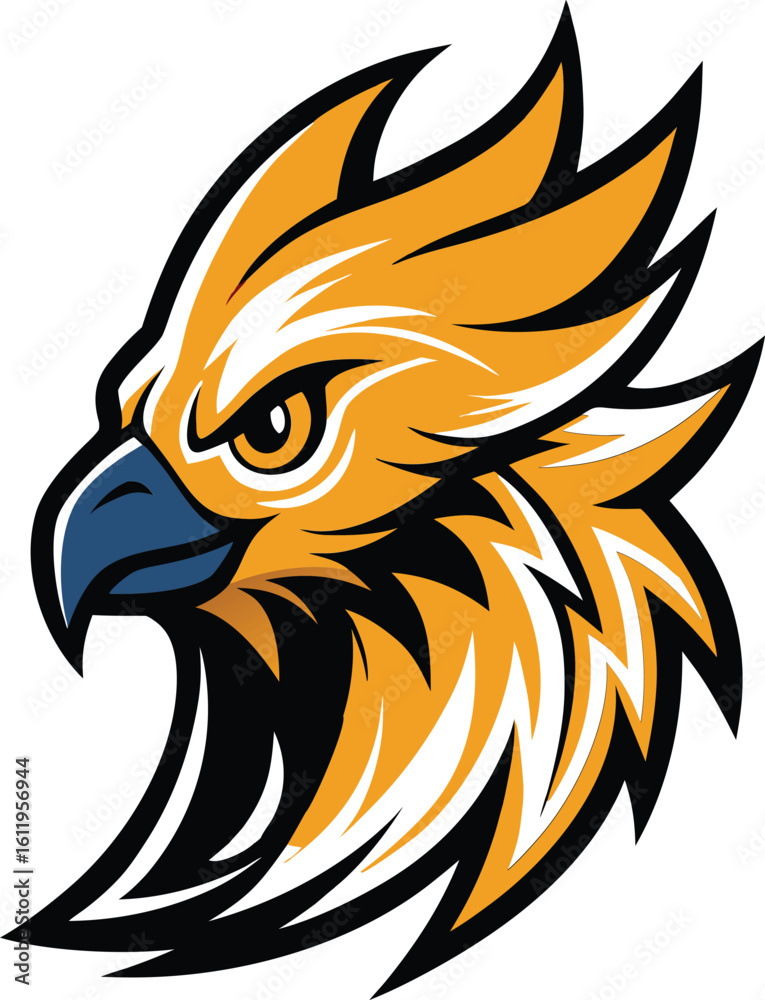 Fototapeta premium Stylized fierce golden eagle head with blue beak and intense eye on a black background