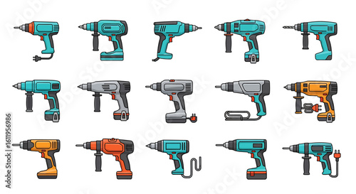 Vector Icons Set of Colorful collection of electric power drills Set of corded and cordless tool illustrations in a flat icon style. EPS Editable