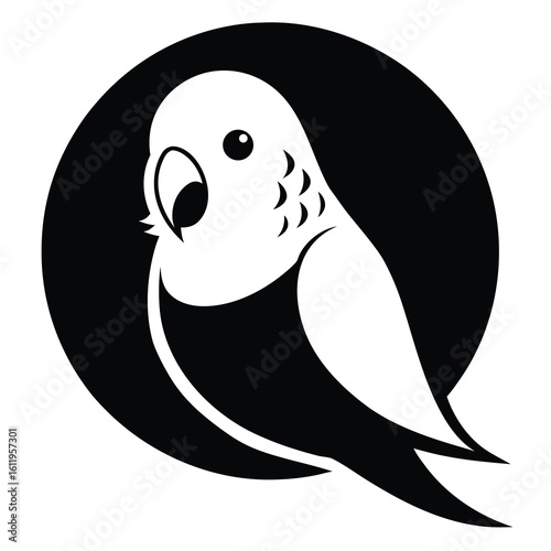 Stylized minimalist black and white budgie bird logo design enclosed within a circular frame