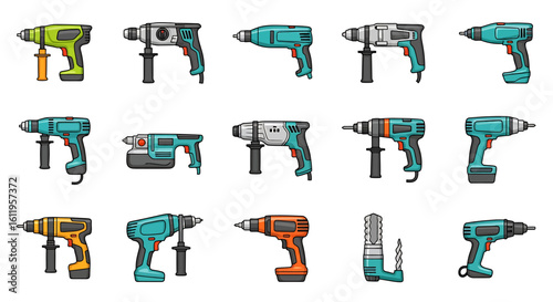 Vector Icons Set of Colorful collection of various electric power drills hammer drills and screwdrivers illustrated in a flat cartoon style. EPS Editable