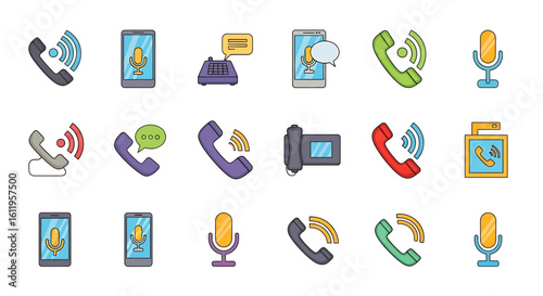 Vector Icons Set of Colorful communication icon set with vintage telephones smartphones and microphones Flat cartoon style vector illustrations for calling and voice messaging. EPS Editable