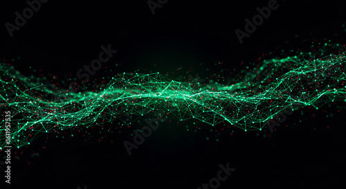 Abstract digital data wave with glowing green particles. Futuristic network connection background.
