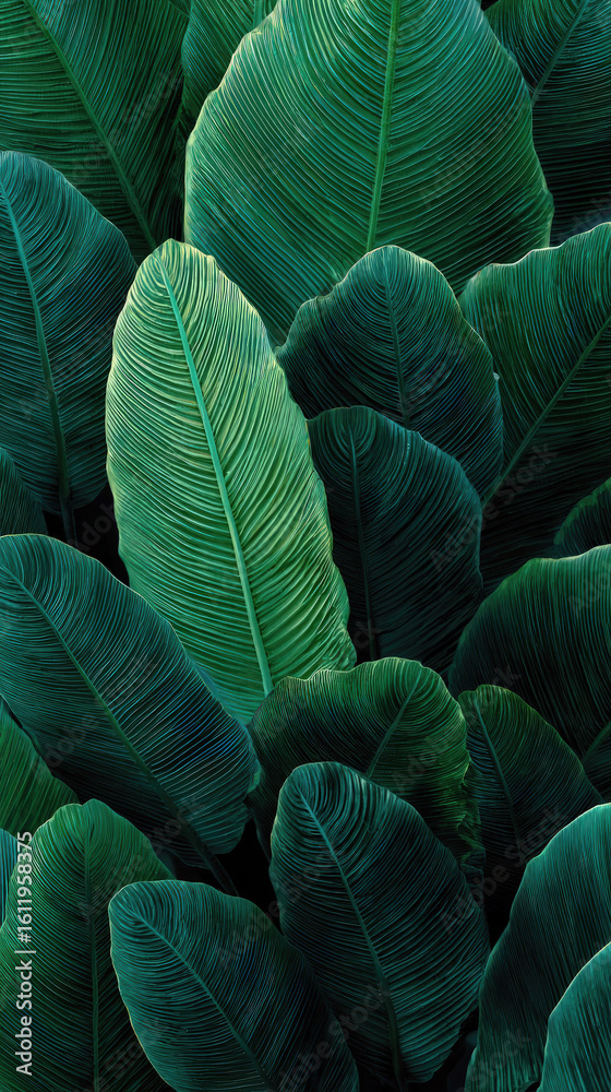 Obraz premium Tropical banana leaves overlapping in lush green jungle background texture.