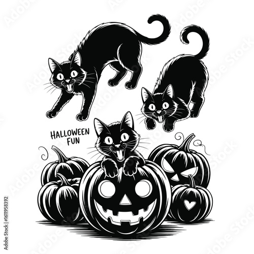 Black and white vector of playful Halloween black cat in various poses with pumpkins, including carved jack-o'-lantern and curious peek