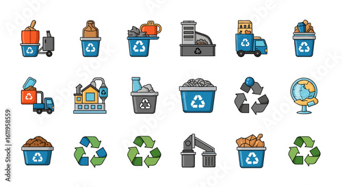 Vector Icons Set of Colorful flat line icon set for recycling and waste management featuring bins trucks and environmental symbols. EPS Editable